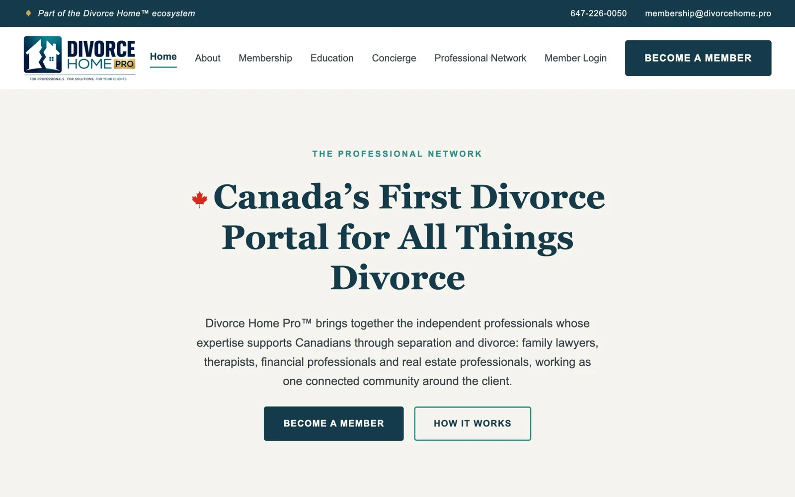 The Divorce Home Pro homepage, the professional network for divorce professionals in Canada
