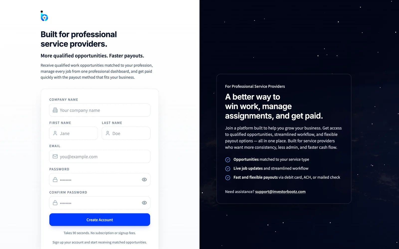 The InvestorBootz service provider signup page we built
