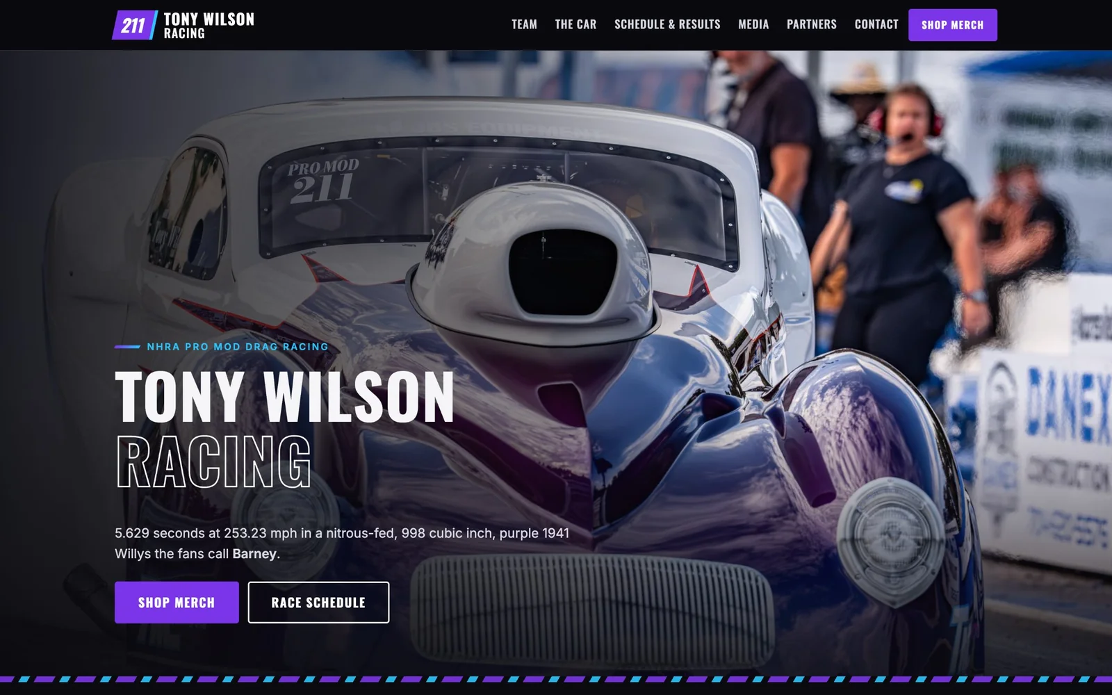 The Tony Wilson Racing website homepage, with the team's purple 1941 Willys in the hero